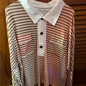 SHEIN Women’s Red and Brown Striped Shirt with White Collar